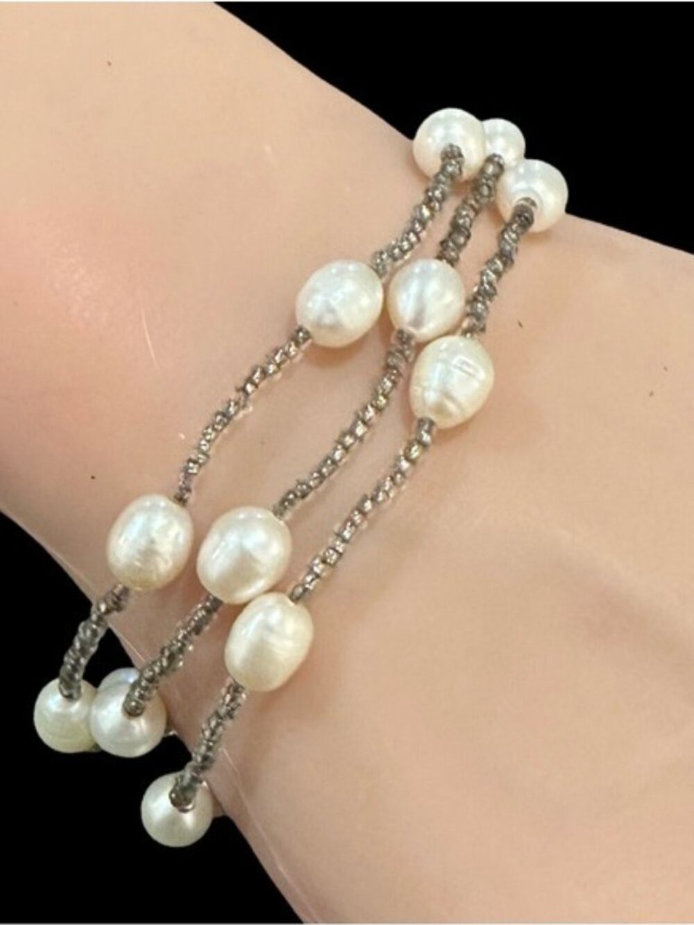 Freshwater Pearl & Silver Beaded Multi-Strand Bracelet Women